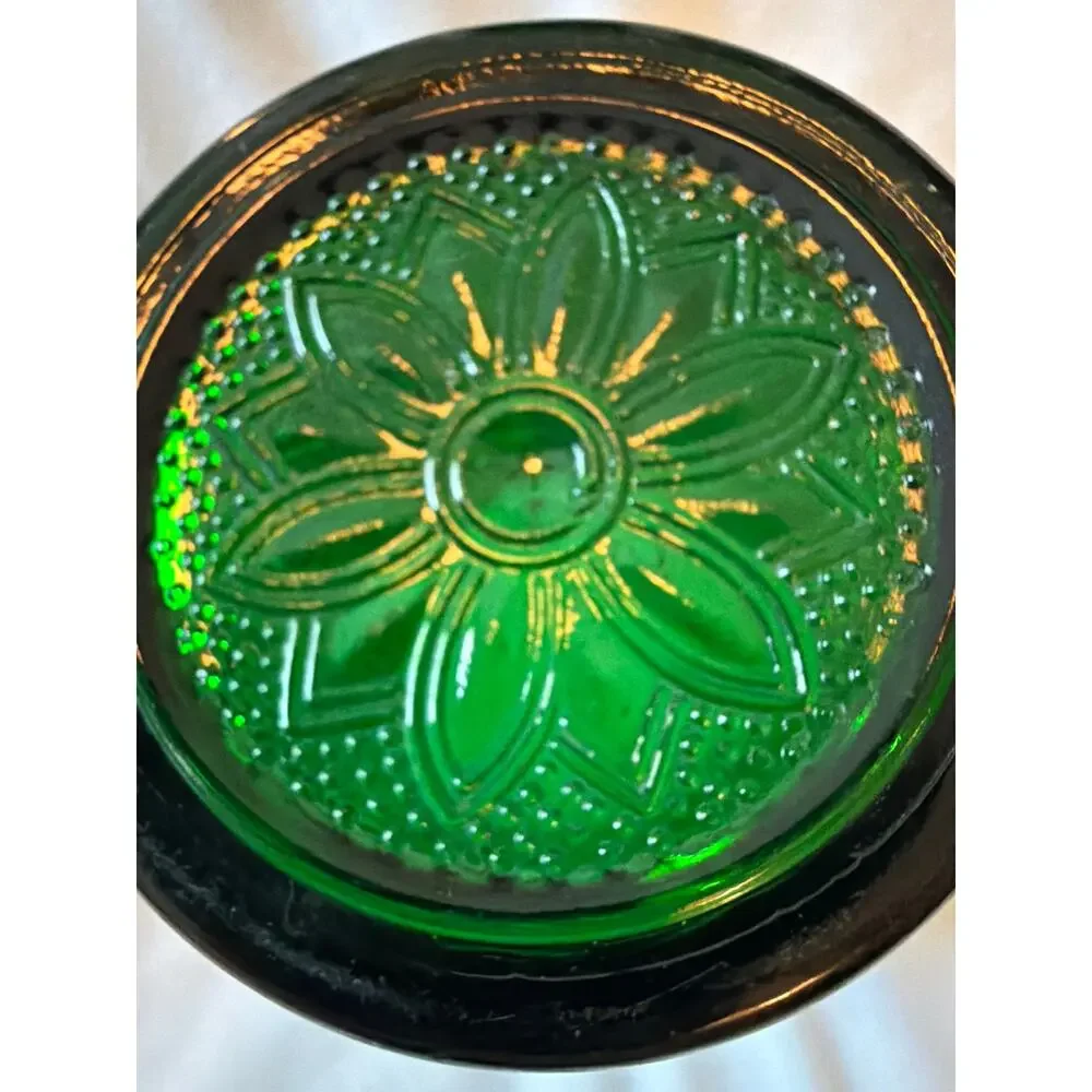 Vintage Emerald Green Pressed Glass Tumbler Floral Scroll Pattern Drinking Glass